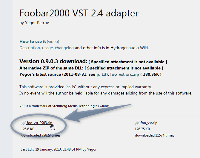「Foobar2000 VST 2.4 adapter（foo_vst_0903.zip）」をダウンロード
