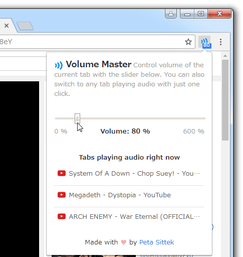 Google Chrome 上で 音量をタブごとに調整できるようにする拡張機能 Volume Master Giga 無料通信