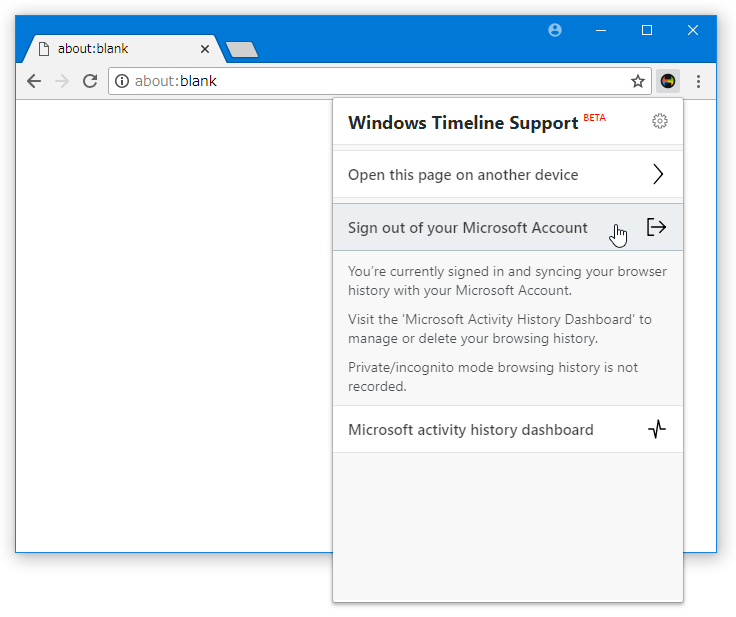 タイムラインとの同期を停止する時は、ツールバーボタンをクリックして「Sign out your Microsoft Account」を選択する