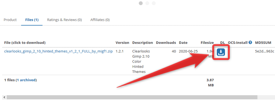 「DL」欄にあるダウンロードボタンをクリックする