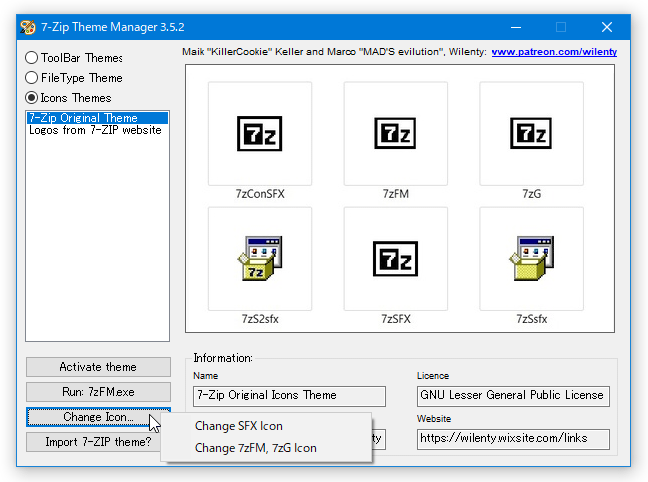 7zFM / 7zG のアイコン、および、自己解凍書庫のアイコンに関しては、画面左下にある「Change Icon...」ボタンから任意のアイコンを指定することもできる