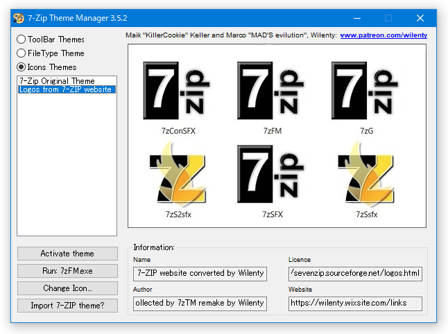 7-Zip アイコン、および、自己解凍書庫アイコンのテーマ「Logos from 7-ZIP website」