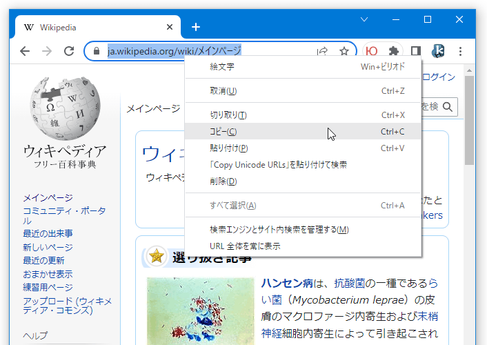 日本語などのユニコード文字を含む URL をコピーすると…