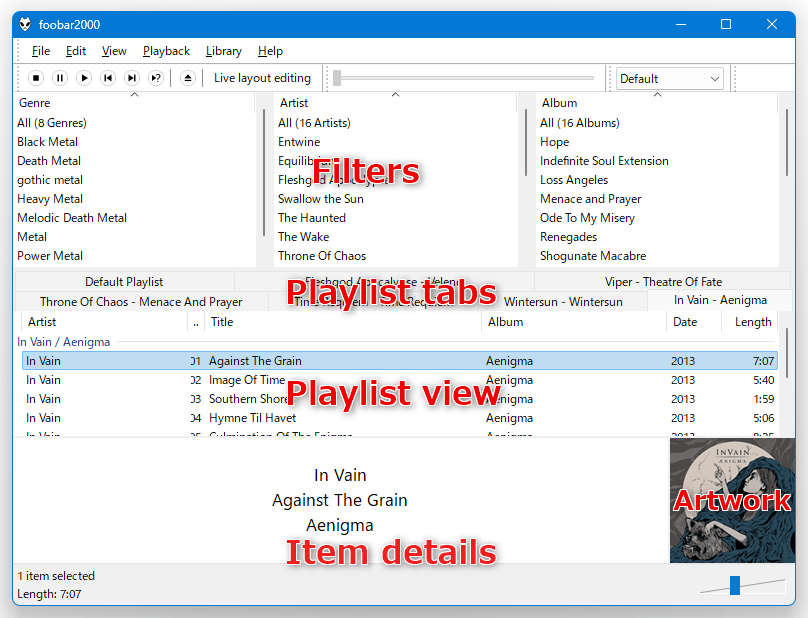 Playlist tabs + Filters + Item details + Artwork