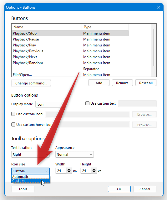 左下の「Icon size」欄にあるプルダウンメニューをクリック →「Custom」を選択する
