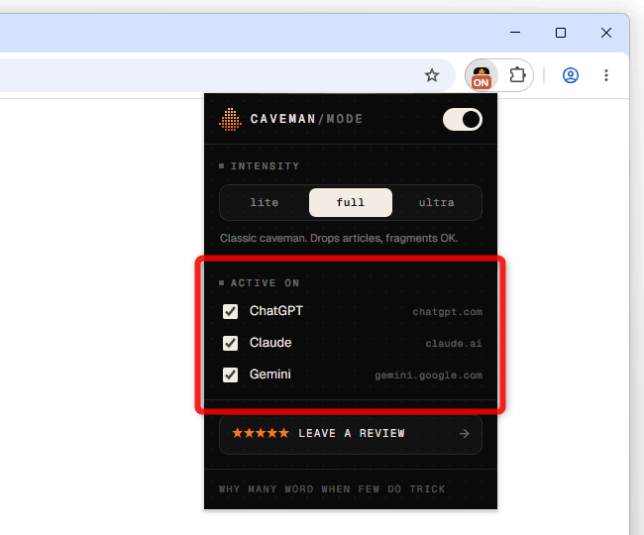 「ACTIVE ON」欄で、「Caveman Mode」を有効化するウェブサイトを指定する